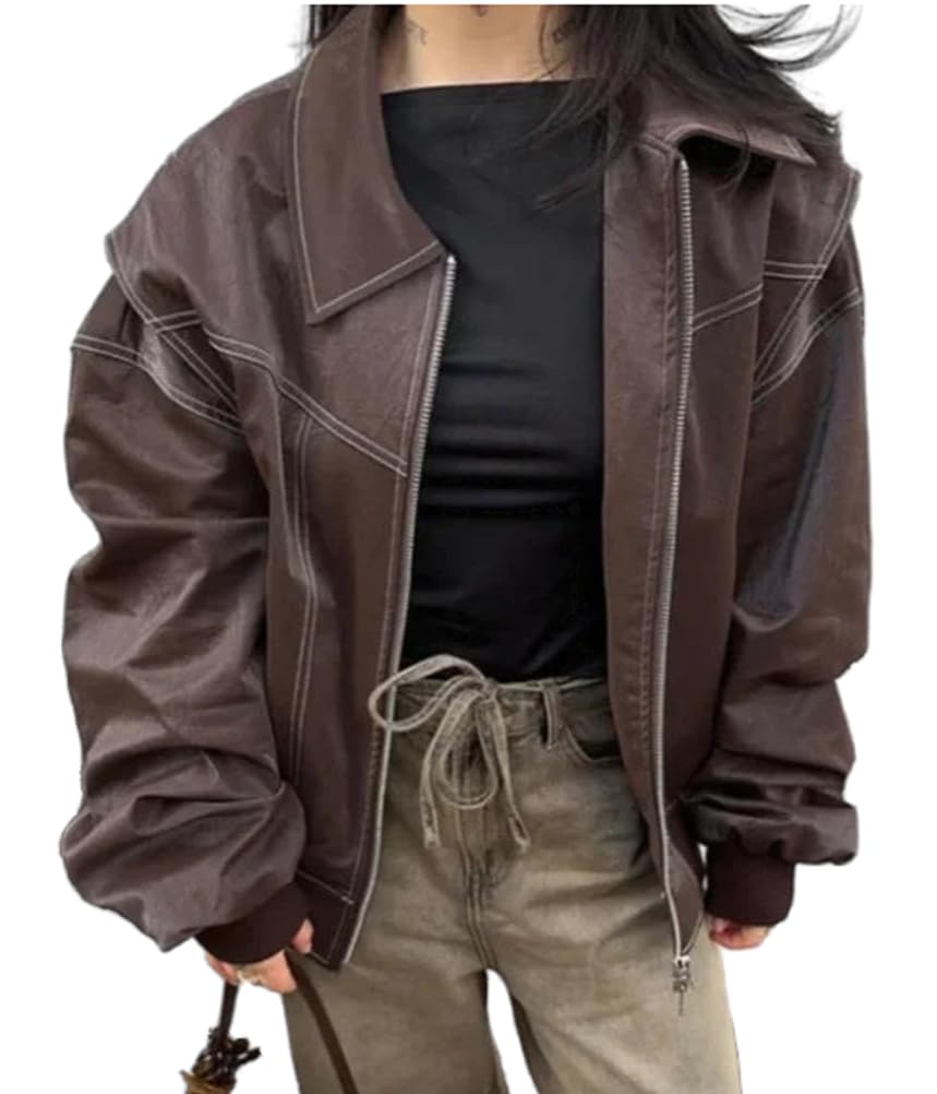 ORANDESIGNE Giacca Bomber da Donna in Finta Pelle Manica Lunga Risvolto in Pelle PU Giacca Oversize Tinta Unita Cerniera Cappotto Streetwear