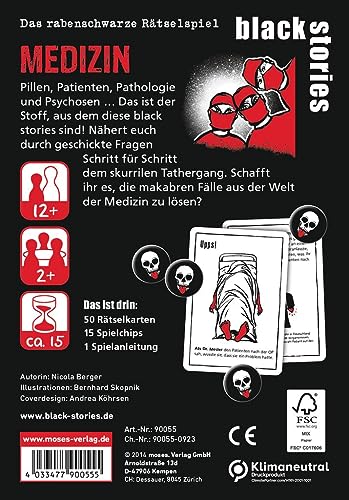 Moses. Black Stories Medizin - 50 Rätsel mit Fällen aus der Welt der Medizin, Krimi Kartenspiel mit Spielvariante und Punktechips, Rätselspiel für Jugendliche und Erwachsene
