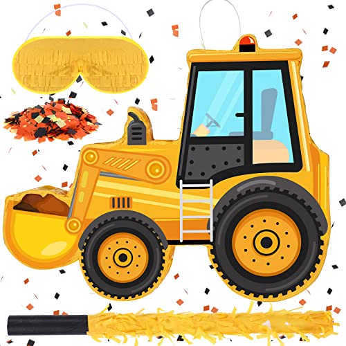 Aoriher Construction Dump Truck Piñata with Blindfold and Bat Construction Party Supplies Tractor Excavator Piñata for Birthday Decor(Bulldozer)