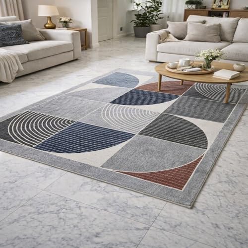 Tapis géométrique abstrait 150x150cm lavable gris bleu pour salon