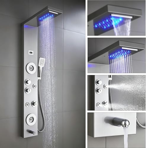 Image of ELLO&ALLO Stainless Steel Shower Panel Tower System,LED Rainfall Waterfall Shower Head 6-Function Faucet Rain Massage System with Body Jets, Brushed Nickel