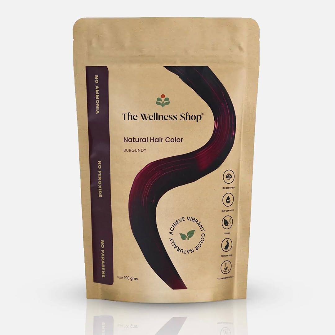 The Wellness Shop Natural Burgundy Hair Colour Powder- 100g | Heena, Bhringraj, Shikakai Extracts | Covers Gray Naturally | Herbal Hair Dye for Silky & Soft Hair Color | Ammonia-Free | Men & Women