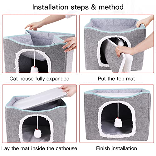 Cat Beds for Indoor Cats -Foldable Cat Cube Cave House with Removable Sisal Rope Cat Scratcher and Fluffy Ball Hanging… - Image 6