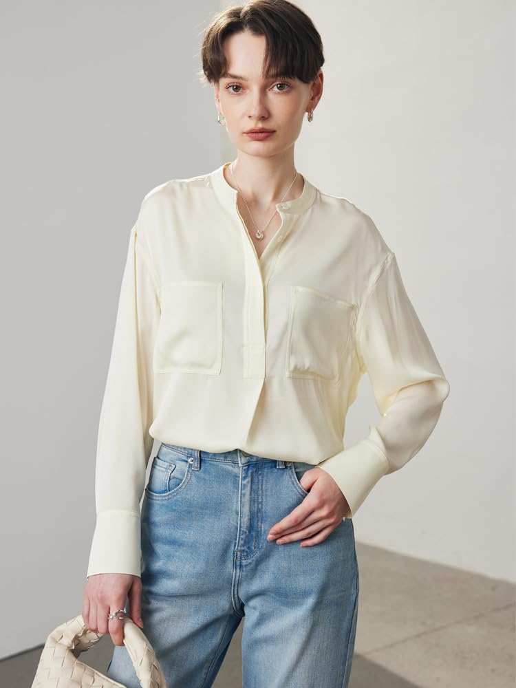 Camisa de Oficina Holgada de Seda con Cuello Alto para Mujer