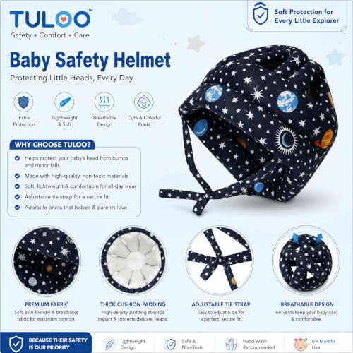 Image of Baby Infant Toddler Helmet No Bump Safety Head Cushion Bumper Bonnet Adjustable Protective Printed Cap Child Safety Headguard for Running Walking Crawling Safety Helmet (Black)