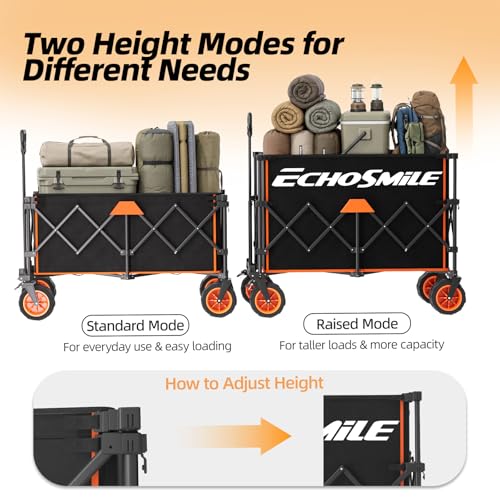 EchoSmile Collapsible Foldable Extended Wagon with 500Lbs Weight Capacity, 300L Folding Utility Wagon Cart with Big All-Terrain Wheels for Beach,Sport,Garden&Grocery, Black&Orange by EchoSmile - Image 3
