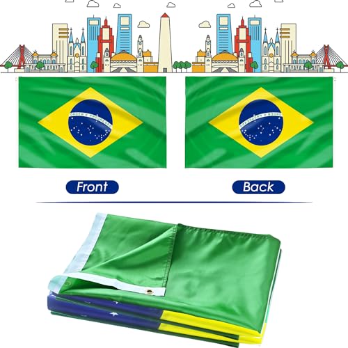 Image of AhfuLife 2 Pcs Brazil Flag 3x5 Ft, Large Brazilian Flags for Outside - Double Side with Brass Eyelets for Olympic Party Decorations, Soccer Party Bar Garden Street Decoration Indoor Outdoor