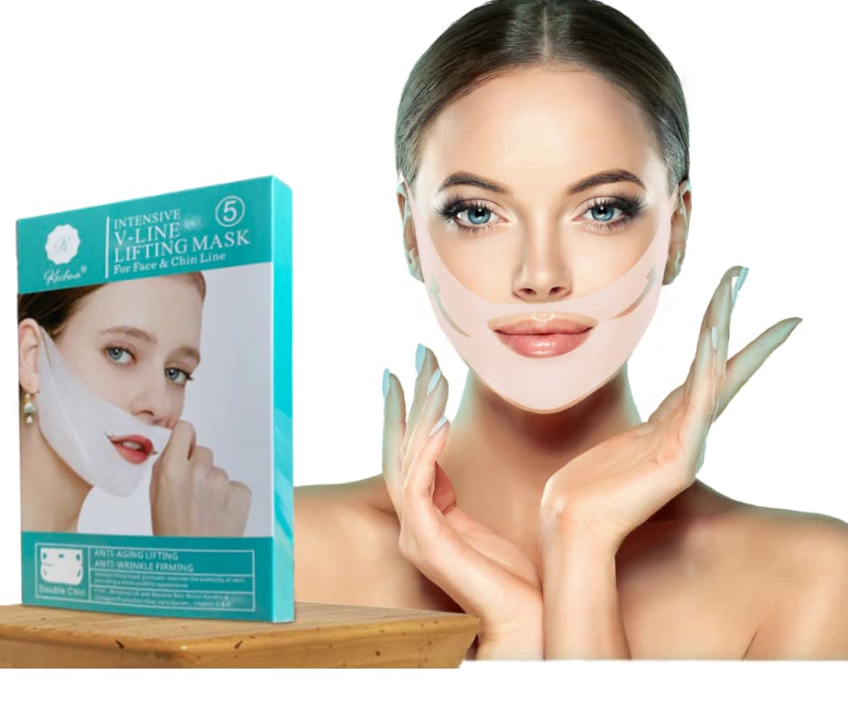 Double Chin Reducer Chin Strap V line Lifting Mask Chin reducer Face Slimming Jawline Strap V line Face Lifting Mask Chin lifter for Double Chin Face Lift Tape Tightening Contour Firming Hydrolyzed Collagen Neck Lift Tape (5 pieces).