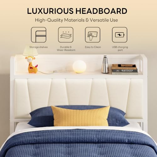 Image of LIKIMIO Twin XL Bed Frames, PU Leather Storage Headboard with Charging Station, Solid and Stable, Noise Free, No Box Spring Needed, Easy Assembly, White