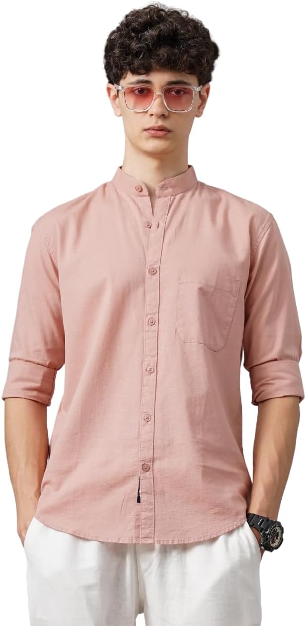 PAUL STREET Men's Peach Plano Linen Full Sleeve Shirt