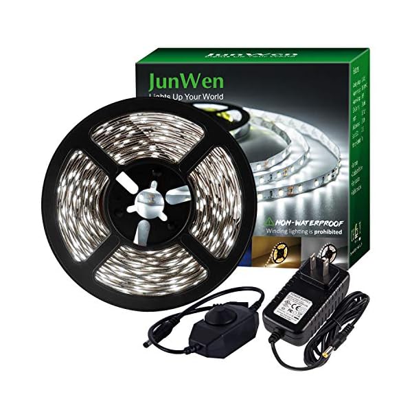 Junwen led strip lights 300 units smd 2835 rope lights 5m/16. 4 ft 6000k non-waterproof led tape ribbon light with dimmer and power supply kitchen under cabinet dining room bedroom wedding