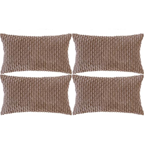 Set of 4 Light Brown Decorative Throw Pillow Covers 12x20 Inch Corduroy Pillow Covers for Bed Couch Sofa Living Room Soft Cushion Cases