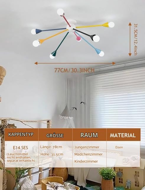 Bunte Deckenleuchte Kinderzimmer, 8-Flammige Deckenlampe im Modernen Sputnik Design, Ø 77cm, Farbige Lampe mit E14 Fassung für Jungen, Mädchen & Spielzimmer