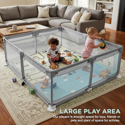 Image of Baybee Kids Playpen for Babies | Baby Play Area Indoor Setup with Zipper Door & Toys Pouch (Light Grey)