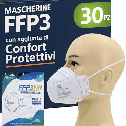 30 Mascherine FFP3 Certificate CE, Mascherina 5 Strati Senza Valvola, Maschera Facciale Protezione da Polvere e Antiparticolato, Protettiva con Alta Efficienza di Filtraggio BFE≥98, 30 Pezzi