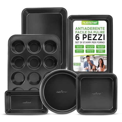 NutriChef Set di 6 Teglie da Forno Antiaderenti in Acciaio al Carbonio, Teglie Forno per Biscotti, Muffin, Torte e Pane, Resistenti ai Graffi, Lavabili in Lavastoviglie, Nero