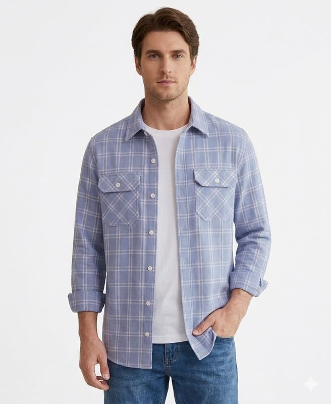 Image of DEELMO Men's Stylish Cotton Blend Casual Chakes Shirt || Full Sleeve Shirt with Dual Flap Pockets Fabric || Perfect for Casual and Classic Fit & Style || Stylish Everyday Wear