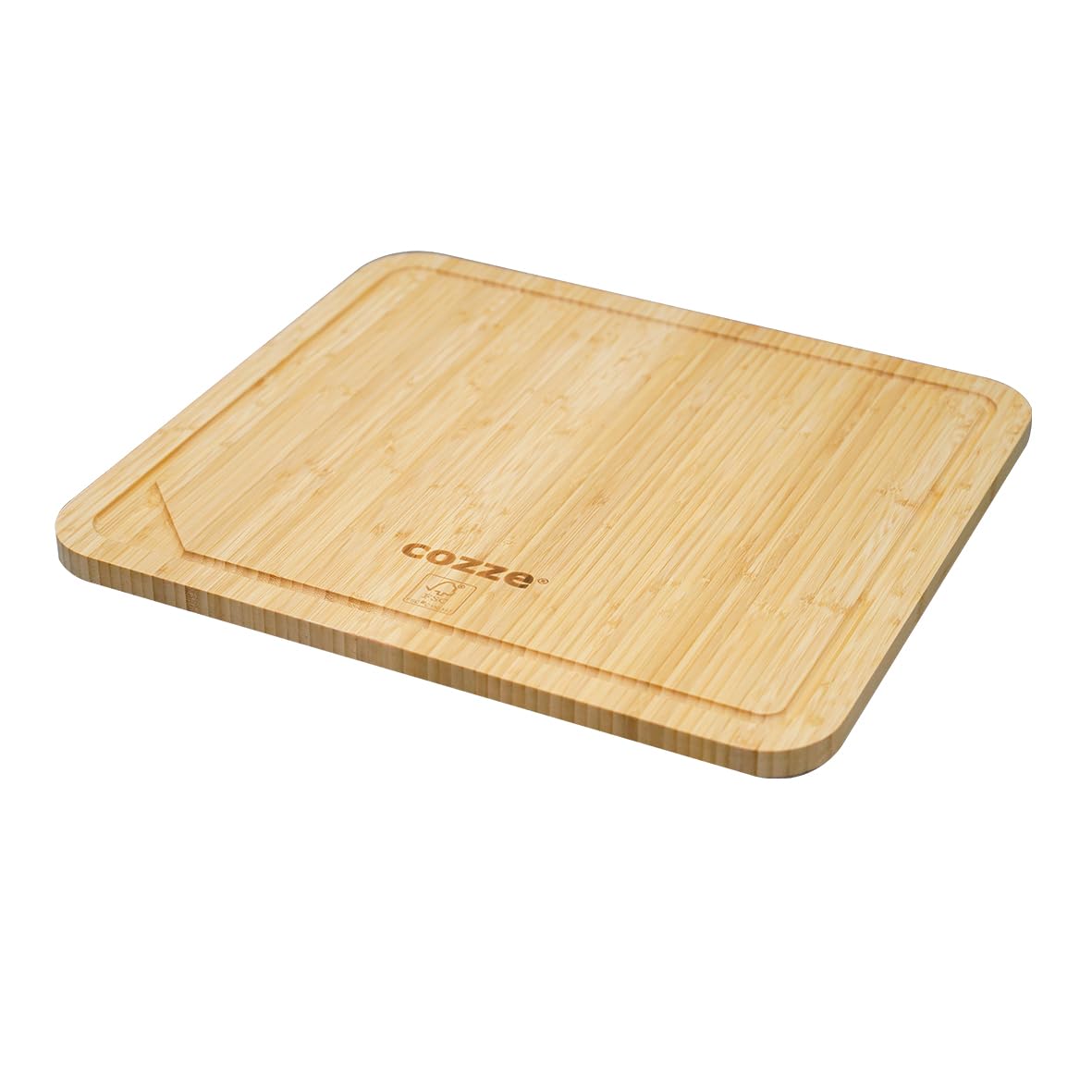 Cozze® XL Bambus-Schneidebrett 49 x 54 x 2 cm – Wendbar mit Saftrille & glatter Seite, großes Servierbrett für Pizza & Grill, Bambus Holz, LFGB, FSC-Karton