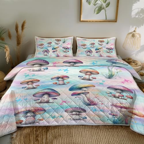 Sleepwish Colored Mushrooms Quilt Set Soft Lightweight Rainbow Bed Set Bedspread 3pcs for Girls Boys Teens Kids with 1 Quilt and 2 Pillow Covers (Full)
