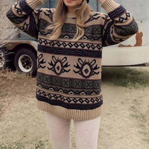 Image of Women Vintage Striped Pullover Sweater Y2k Long Sleeve Crew Neck Loose Knit Sweaters Fall Winter Knitwear