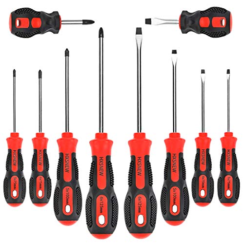 HXSNEW Magnetic Screwdriver Set 10 PCS,5 Phillips and 5 Flat Head Screwdriver Non-Slip for Repair Home Improvement Craft (Red)