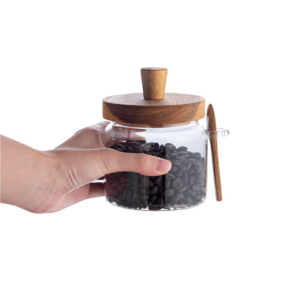 Restaurantware Vetri - Tarro de almacenamiento de vidrio de 17 onzas, con tapa de acacia, 3 1/4 pulgadas x 3 1/4 pulgadas x 5 pulgadas, 1 caja