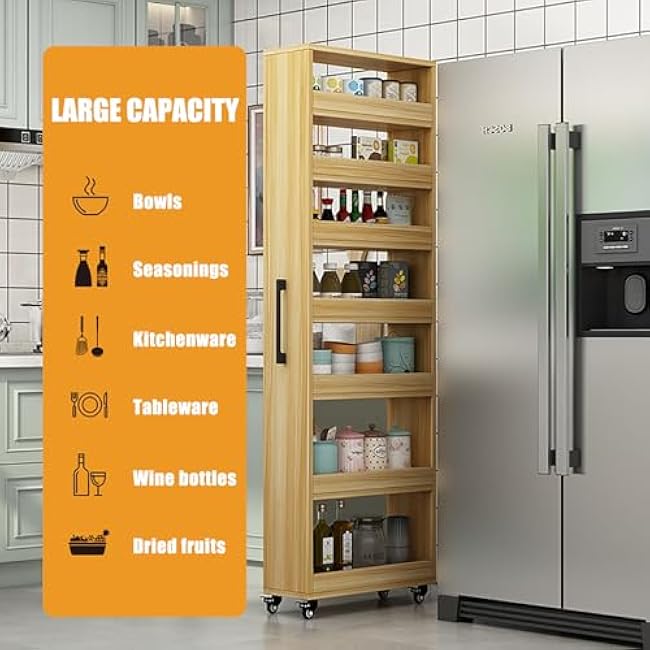 Slim Storage Cart,Rolling Spice Rack Next to Fridge Slim,Kitchen Rolling Cart,Narrow Storage Cabinet, Wood Storage Organizer,for Kitchen,Bakers,Pantry,Dining Room Dark Walnut 7.9¡Á21.6¡Á72.4in-MYPf07NR