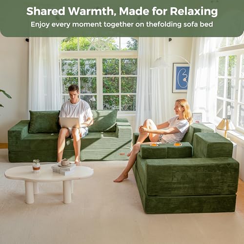 MAXYOYO Loveseat Sofa Bed, 4 in 1 Foldable Floor Sofa Couch in A Box with 2 Cup Holders, Convertible Boneless Couch Folding Recliner Sleeper Chair for Living Room, No Assembly Required, Green - Image 5