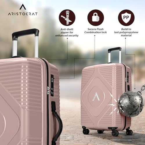 Image of Aristocrat Crystal Check-in Trolley Bag 66cm | Medium Hard Luggage | 8-Wheel Suitcase for Travel | Combination Lock with Anti-Theft Zipper | Polypropylene | 3 Years International Warranty (Pink)