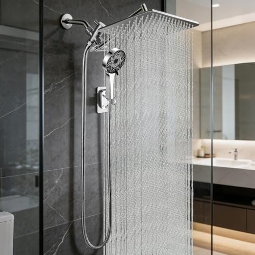 Image of 12 Inch Shower Head, Rain Shower Head with Adustable Extension Arm, Detachable Silver Rina Shower Head with Handheld Spray, High Pressure Shower Hose with Holder in Bathroom(Silver)