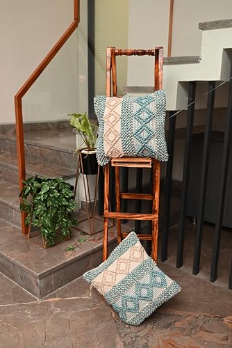 Image of TIB Premium Boho Decorative Throw Cushion Covers, 16 x 16 cm, Set of 2, Cotton. (Blue & White Diamonds)