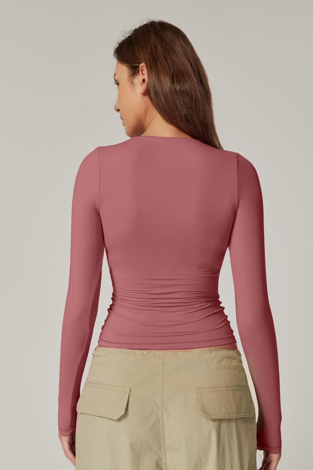 QINSEN Women's Sexy Square Neck Shirt Long Sleeve Double Lined Tees Fitted Going Out Tops - Image 2