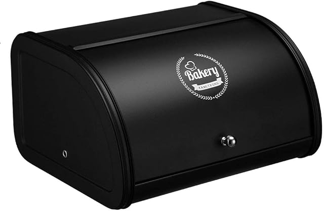 HollyHOME Bread Boxes with Stainless Steel Body Metal Home Storage Bin For Kitchen Counter Extra Large Bread Bin with Roll Up Easy Storage Bread Box Holder Lid, Black