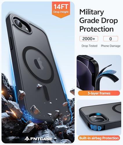 Image of FNTCASE for iPhone 17e Case: iPhone 16e Phone Case [Compatible with Magsafe] Translucent Matte Case with [Screen Protector] Military Grade Shockproof Protective Phone Cover-Black