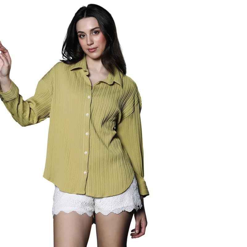 pinacolada Women's Shirt | Spread Collar, Long Button-Cuff Sleeves, Button Closure | Solid Textured Woven Shirt for Casual Dark Lime-picture-26