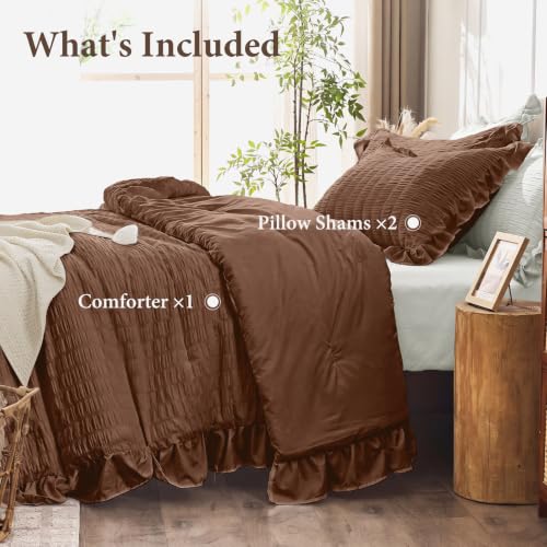 Image of JOLLYVOGUE Dark Brown Queen Comforter Set,3pcs Ruffle Seersucker Bed Set | OEKO-TEX Certified, All Season, Down Alternative Fill, Lightweight Bedding Set with Ruffle Comforter & Pillowshams, Easy Care