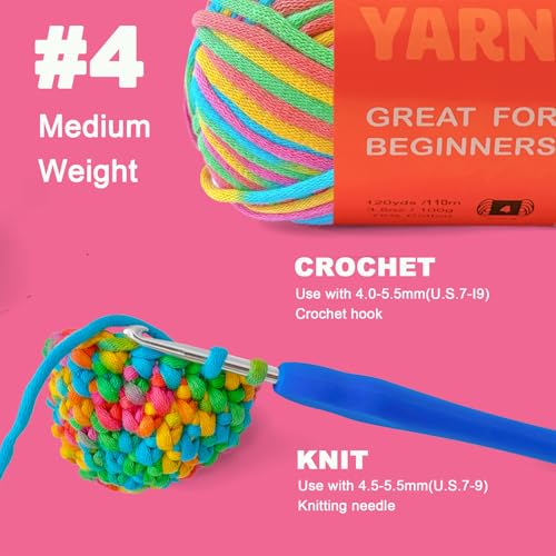 Image of 3.5Oz /120yds Rainbow Yarn for Crocheting and Knitting;Worsted-Weight Medium #4;Cotton Blend Yarn for Beginners with Easy-to-See Sitches,Great for Amigurumi DIY(Rainbow,1 Skein)