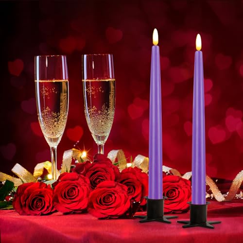 Image of CVHOMEDECO. Flameless Taper Candles with 10-Key Remote, Battery Operated Led Flickering 3D Wick Window Candles Real Wax Finished Home Christmas Party Decor 0.78 x 11 Inch, Pack of 2, Purple