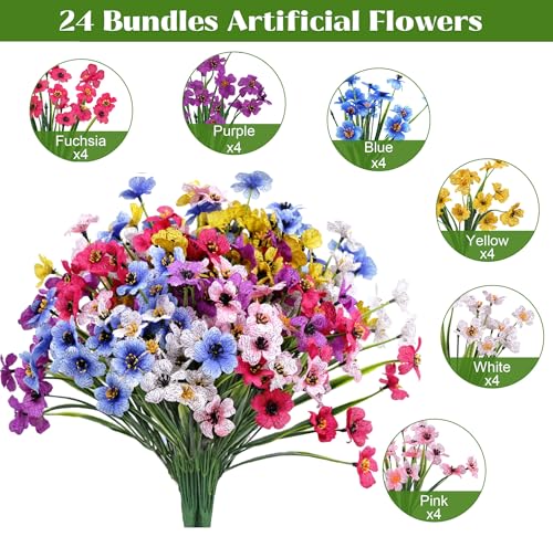 Image of Bassion 24 Bundles Artificial Flowers for Outdoors Decorations, Colorful