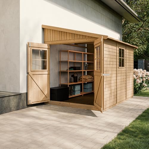 Holz Gartenschuppen (ohne Seitenwand) - Abstellkammer mit Fenstern - H244x211x318 cm/6 m2 Naturholz-Shiplap-Schuppen - Gartenwerkstatt - Fahrrad- Geräteschuppen TIMBELA M339