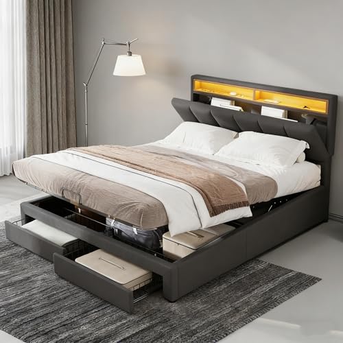 FOERPL Camas 140x190 con Almacenaje Hidráulica y 2 Cajones, Cama Tapizada de Matrimonio con iluminación LED, 140x190cm Cama Canapé con Cabecero y Somier, Lino