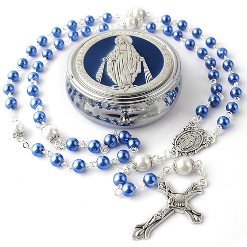Calkkrer Chapelet en Perles de Verre 6mm avec Perles Notre Père 8mm, chaîne catholique dans boîte Cadeau en métal, première Communion et Chapelet Bleu...