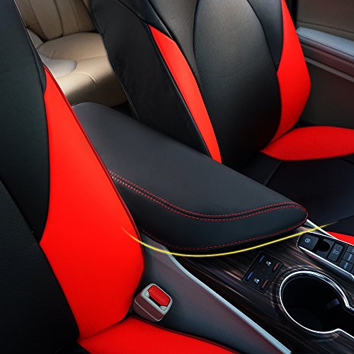 BeHave Autos Armrest Cover,Armrest Box Cover fit for Toyota Camry 2018-2021 Central Console Armrest Box,Black with Red Stitches
