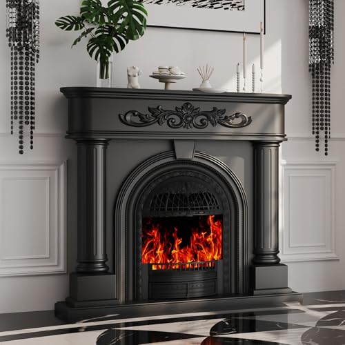 Image of Electric Fireplace with Mantel, Solid Wood Black TV Stand with Fireplace for Living Room,Black Birdcage Fire Place Heater with Roman Column Design for Bedroom