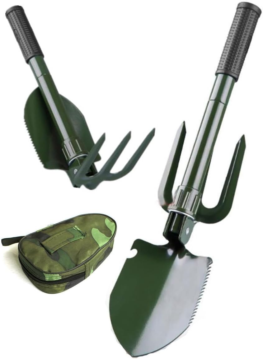 ECVV Military Foldable Mini shovel Fork Saw Compass and can Opener Multipurpose Tool For Outdoor Survival Portable With Carrying Pouch Camping Outdoor Tools