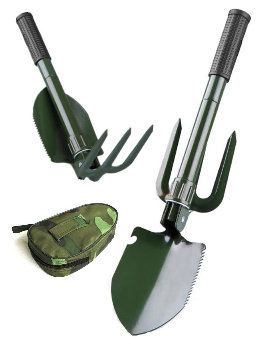 ECVV Military Foldable Mini shovel Fork Saw Compass and can Opener Multipurpose Tool For Outdoor Survival Portable With Carrying Pouch Camping Outdoor Tools
