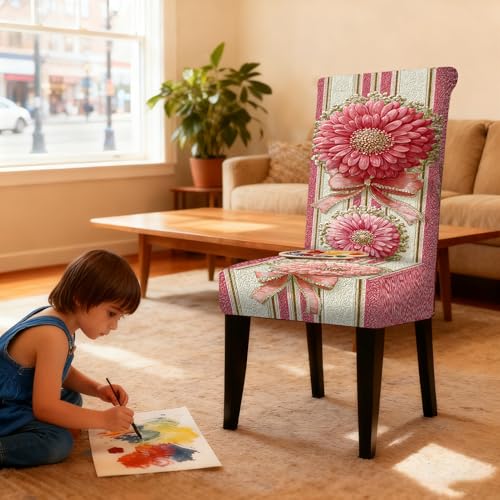 Image of Nuxovilar Pink Floral Ribbon Striped Stretch 23.6x70in 6PCS Covers | Stretch Slipcover Gentle Protector Flower Wrap Seat Guard Dining Room Bedroom Wedding Banquet (Floral Stripe)