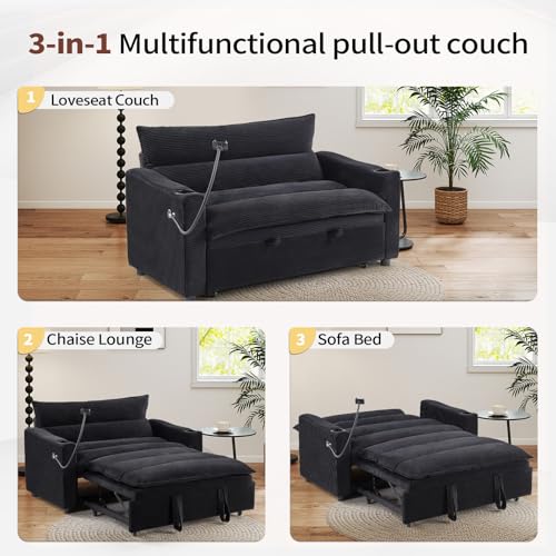 Image of HAOMARKETS 3-in-1 Convertible Loveseat Sleeper Sofa Bed, 2-Seat Pull Out Couch with Cup Holders, Phone Holder and USB Ports, Corduroy 3-Level Adjustable Backrest Couches for Living Room, Black