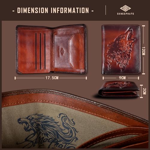 Mens Wallet With Coin Pocket,Wolf Bifold Wallets For Men Leather RFID Blocking,Gift for Him (brown)4
