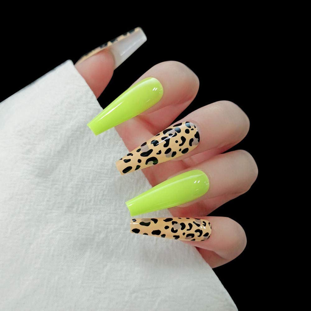 ACiyD Faux Ongles 24 pièces Presse sur Ongles Longs Pur Violet élégant Brillant Ballet Jaune imprimé léopard Faux Ongles DL